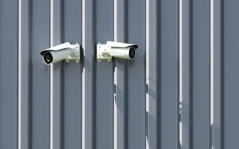 Dos cámaras de vigilancia montadas en una fachada metálica