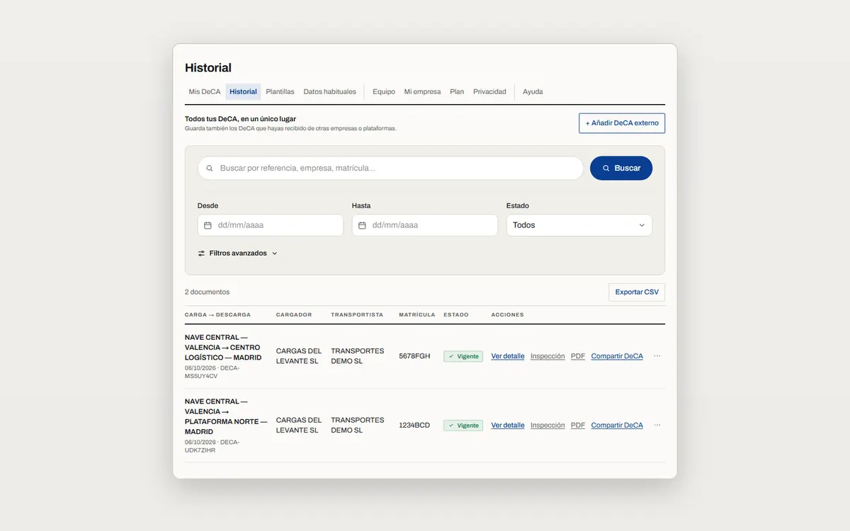 Historial de DeCA Profesional con buscador, filtros por fecha y estado y la lista de documentos generados