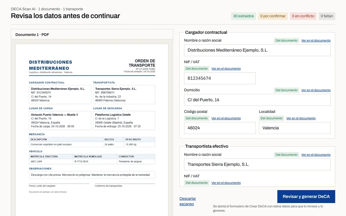 Pantalla de revisión de DECA Scan AI: la orden de transporte a la izquierda y los datos extraídos del cargador y del transportista a la derecha